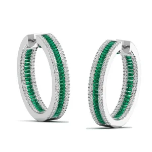 Three Row Channel Set Baguette Emerald and Diamond Hoop Earrings