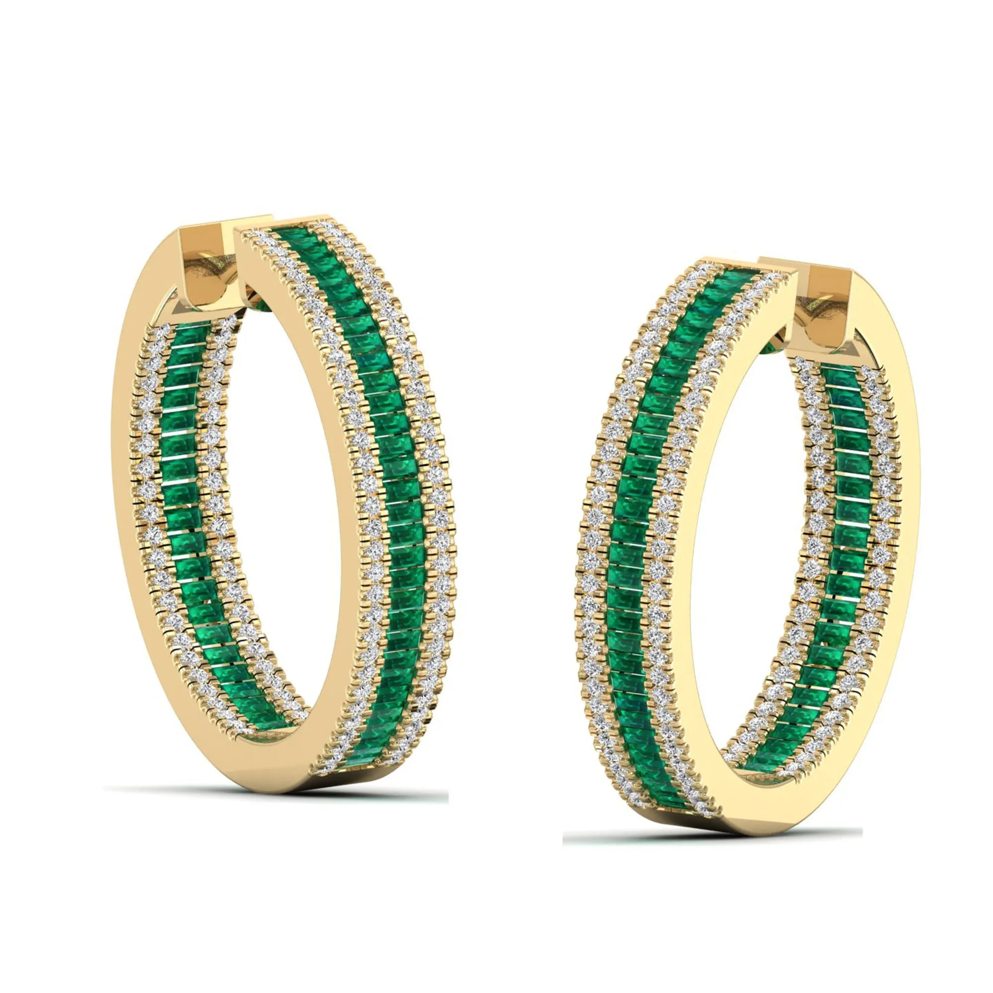 Three Row Channel Set Baguette Emerald and Diamond Hoop Earrings