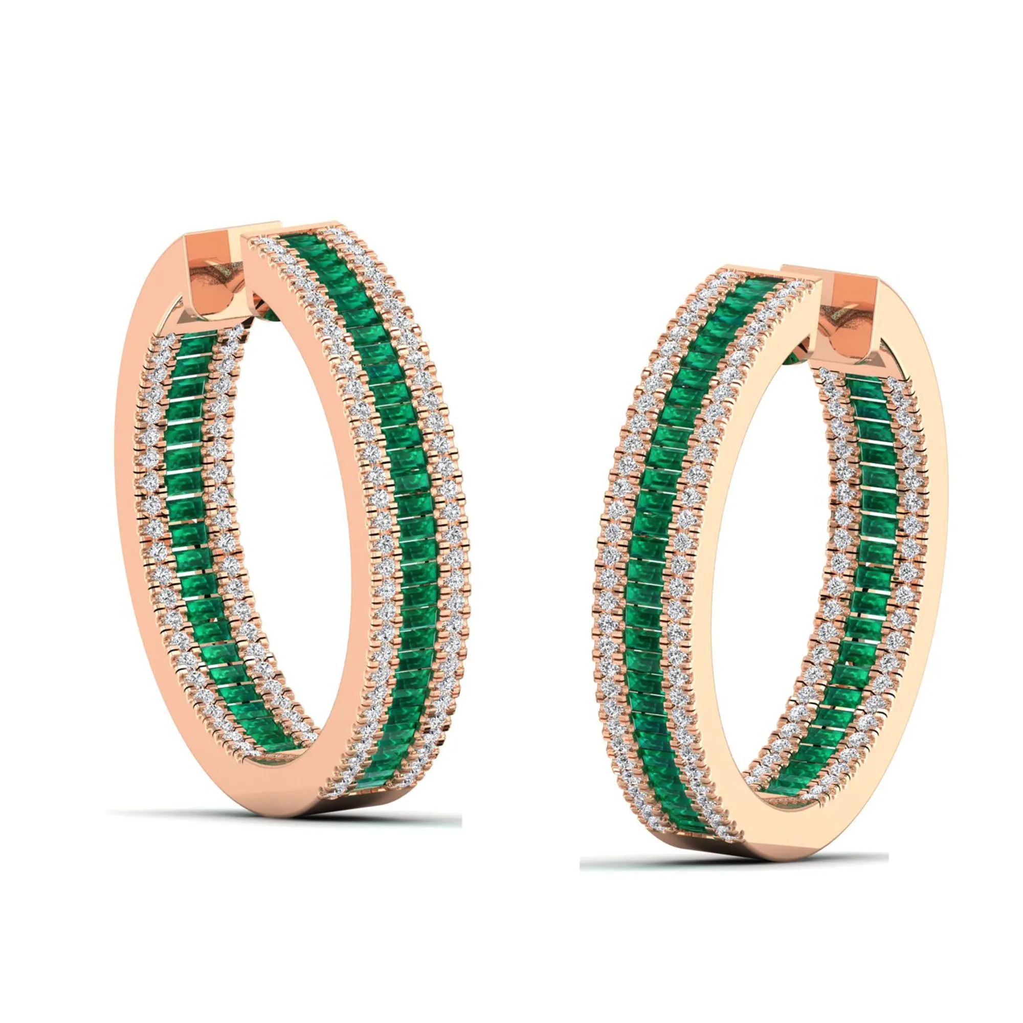 Three Row Channel Set Baguette Emerald and Diamond Hoop Earrings