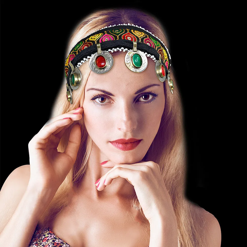 Tribal Turkman Afghan Kuchi Womens Handmade Fabric Headband with Coins Multicolor Stones Ertuğrul Halima Turkish Style  - Dandiya Party Belly Dancing - Duel On Jewel