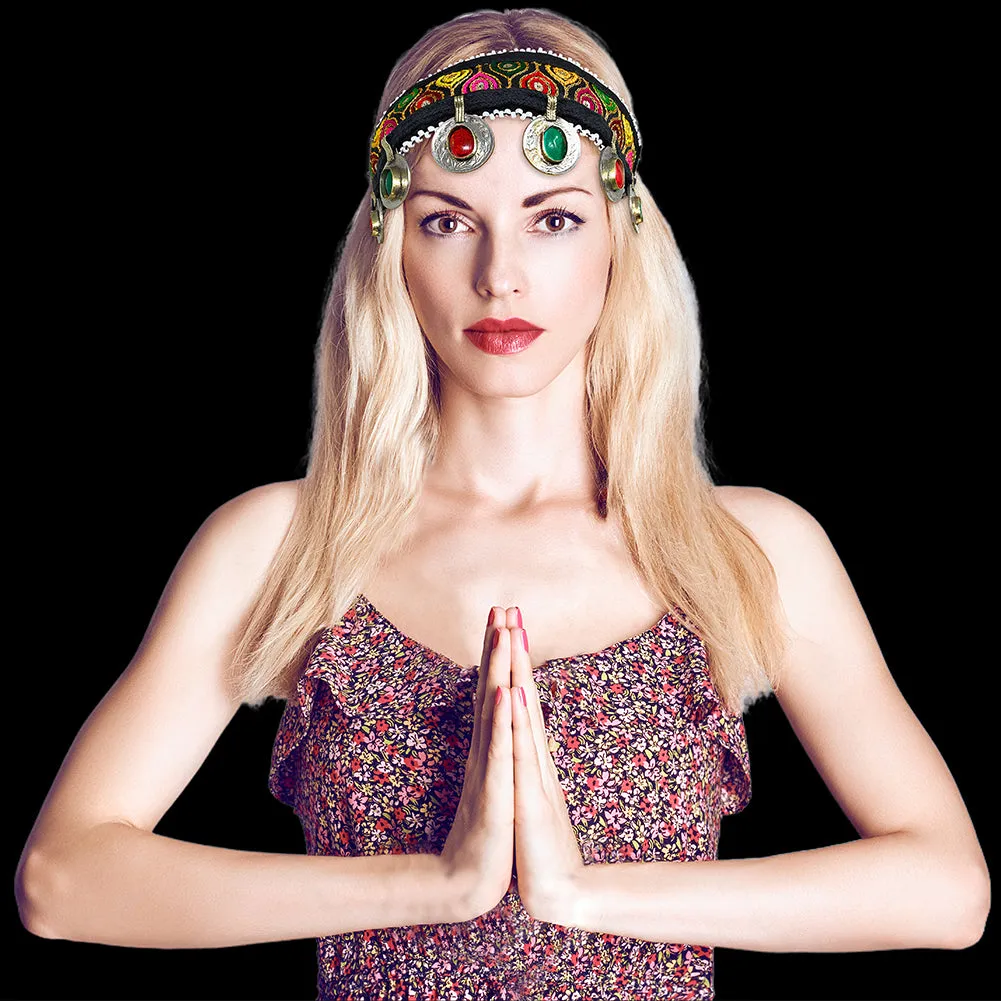 Tribal Turkman Afghan Kuchi Womens Handmade Fabric Headband with Coins Multicolor Stones Ertuğrul Halima Turkish Style  - Dandiya Party Belly Dancing - Duel On Jewel
