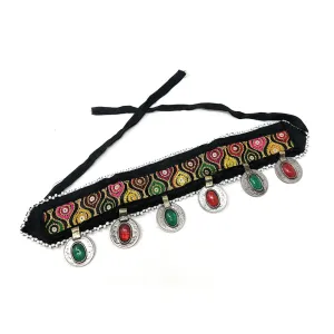 Tribal Turkman Afghan Kuchi Womens Handmade Fabric Headband with Coins Multicolor Stones Ertuğrul Halima Turkish Style  - Dandiya Party Belly Dancing - Duel On Jewel