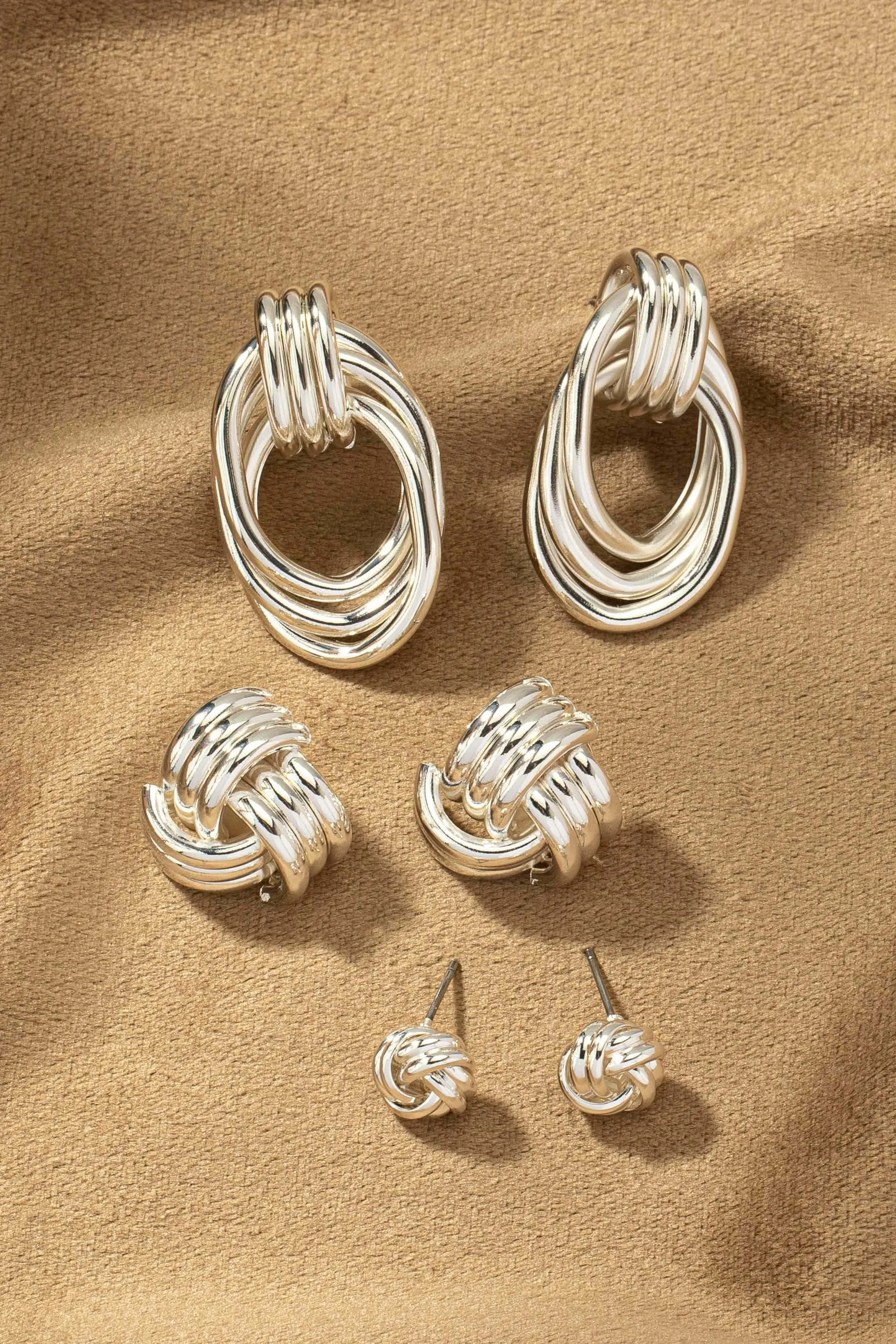 Trio Metal Knot and Hoop Earring Set in Multiple Colors