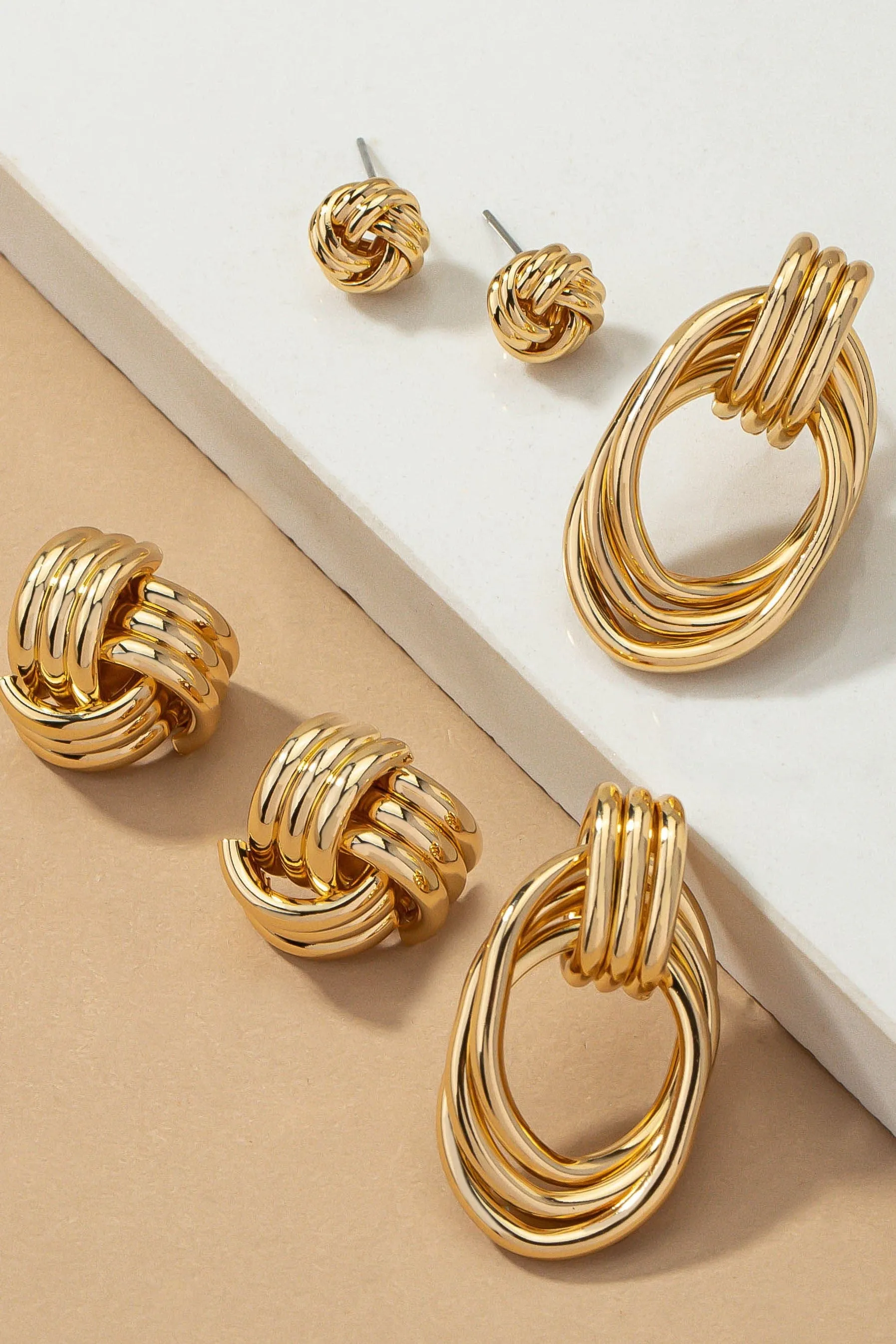 Trio Metal Knot and Hoop Earring Set in Multiple Colors