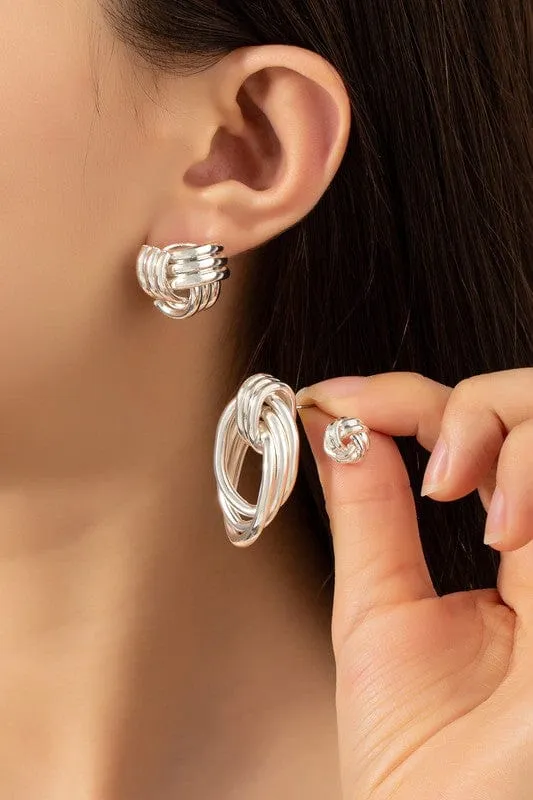 Trio Metal Knot and Hoop Earring Set in Multiple Colors