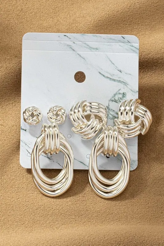 Trio Metal Knot and Hoop Earring Set in Multiple Colors