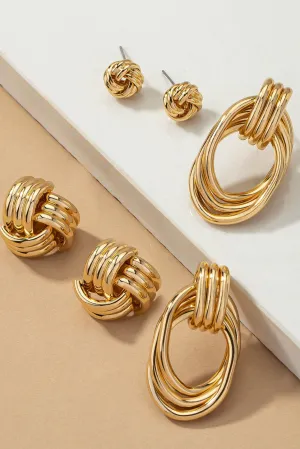 Trio Metal Knot and Hoop Earring Set in Multiple Colors