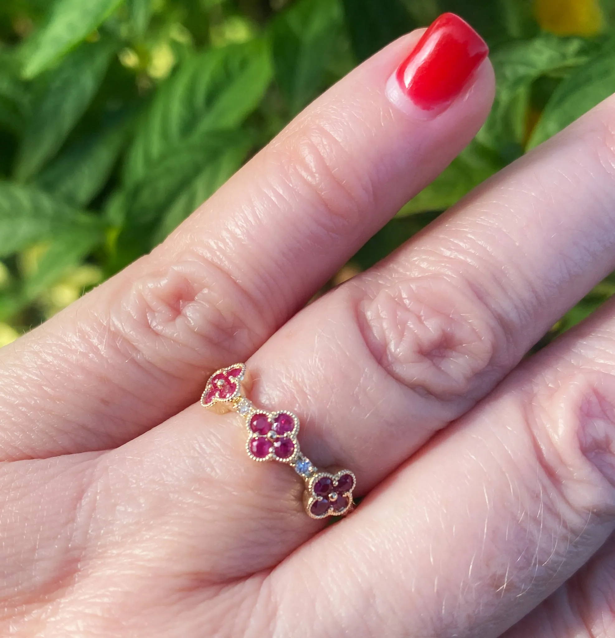 Triple Clover Color Stone And Diamond Ring