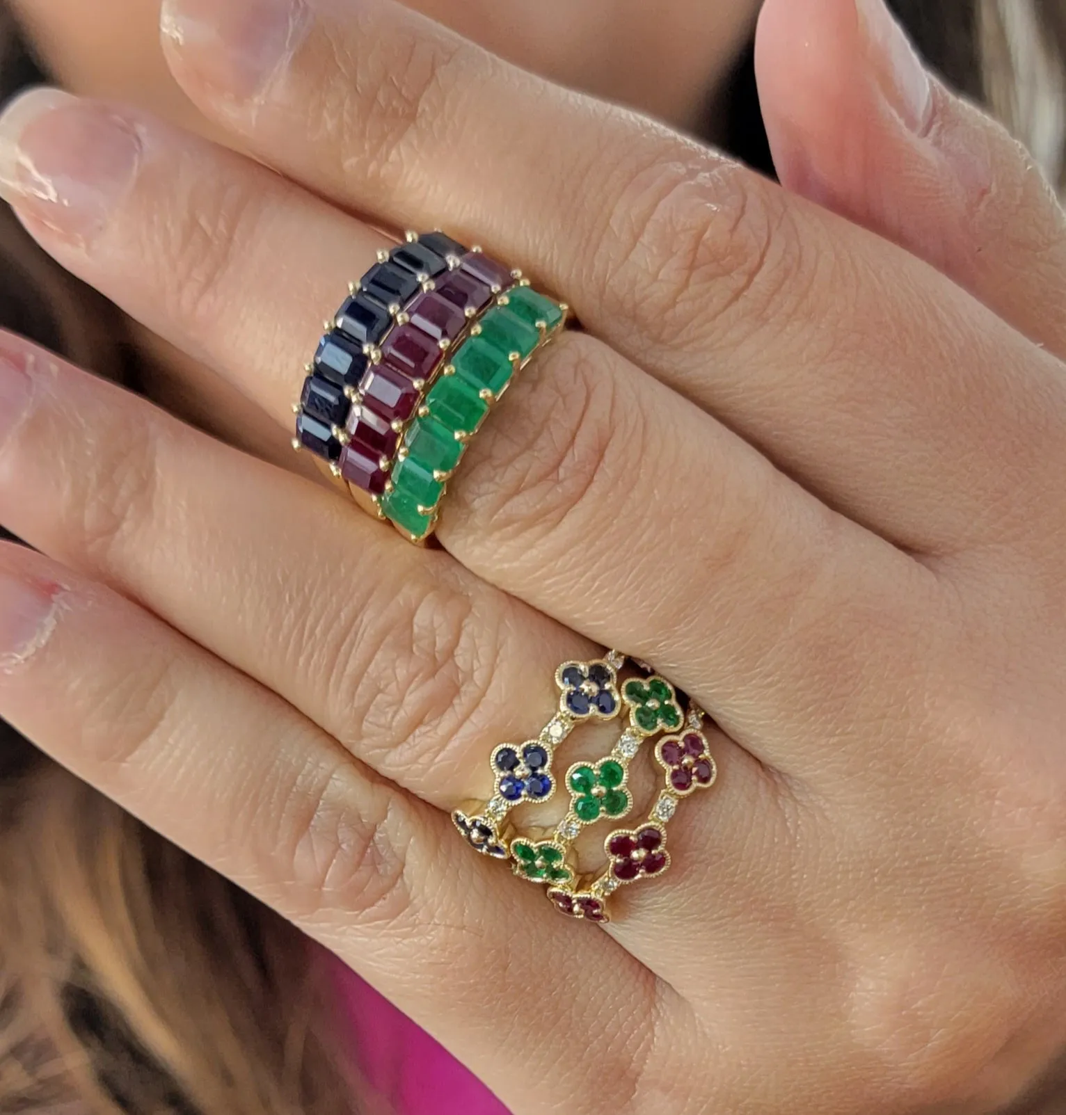 Triple Clover Color Stone And Diamond Ring