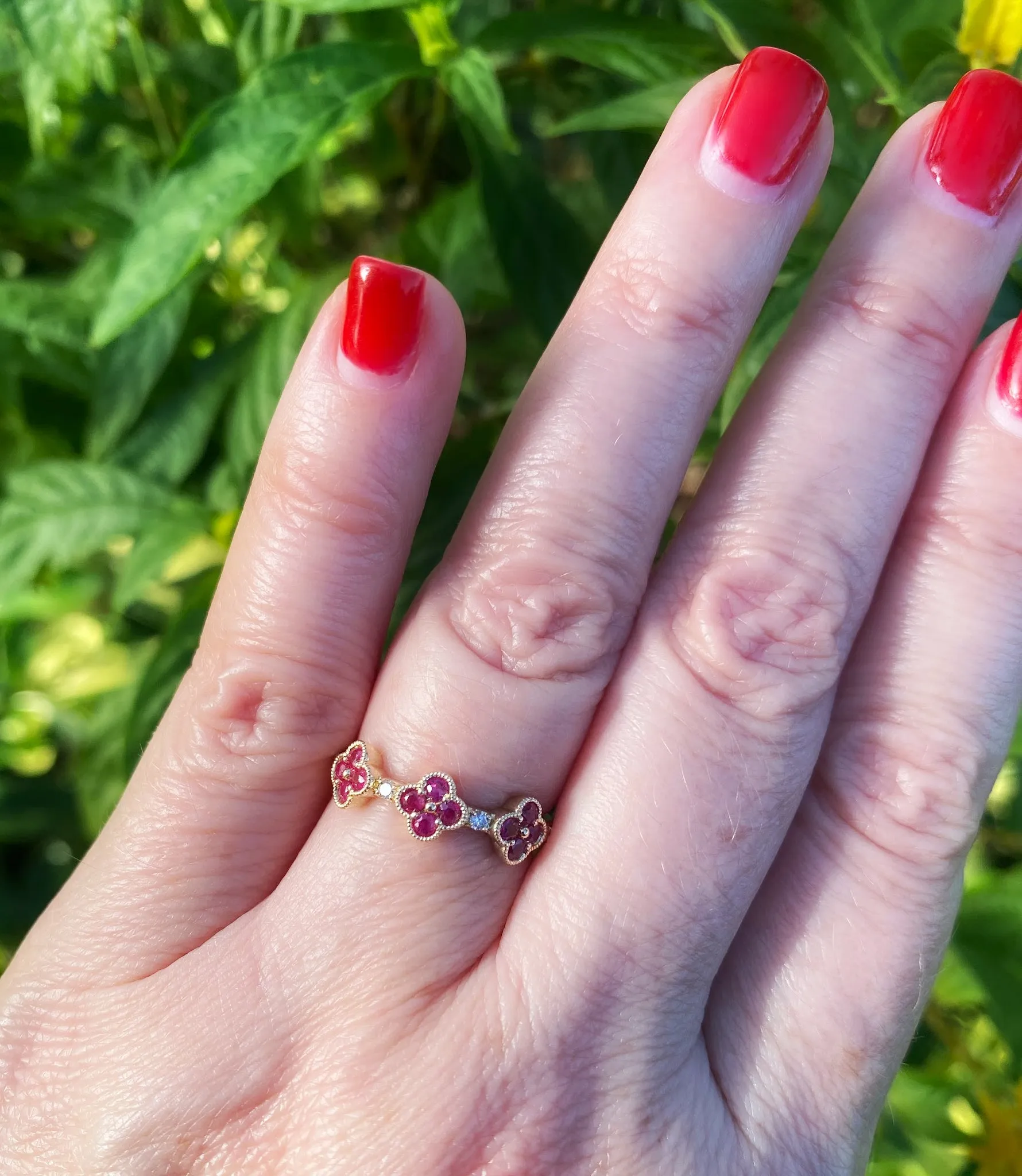 Triple Clover Color Stone And Diamond Ring