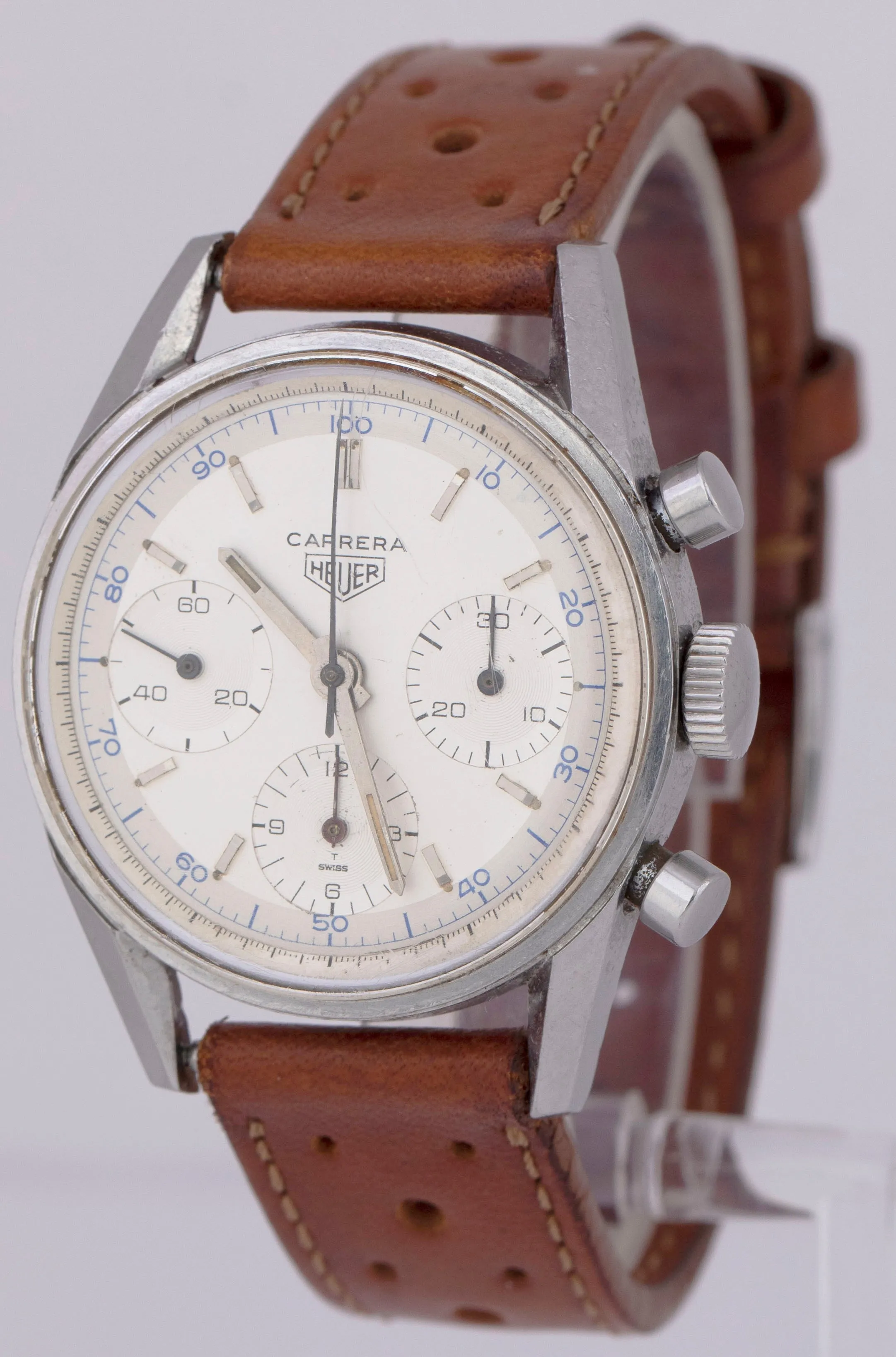 UNPOLISHED 1960's Heuer Carrera White Chronograph 2447D 35.5mm Steel Watch