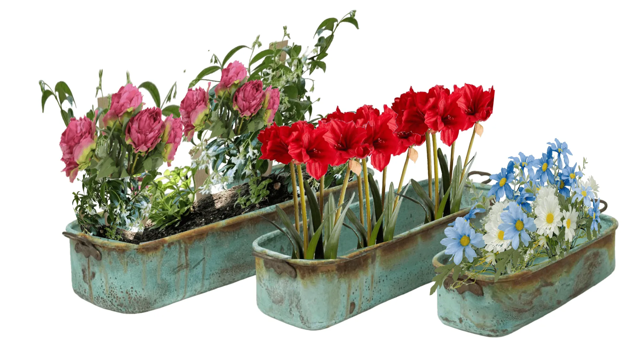 Verdigris Copper Planters with Handles - s/3