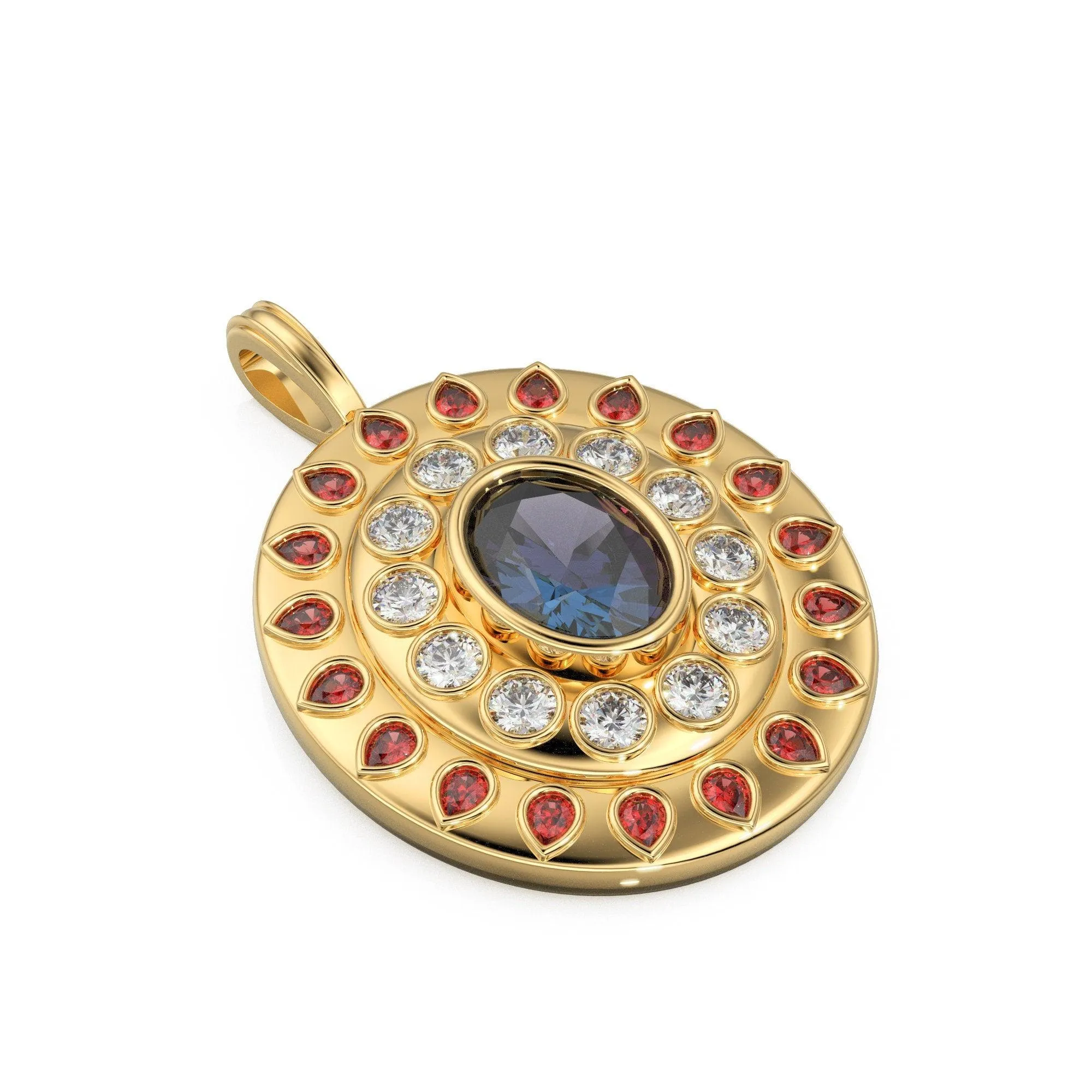 VERY BIG Alexandrite Diamond 18k Solid Gold Queen Pendant, Orange Sapphire Charm Gold Gemstone / Emerald Charm Luxury Solid Gold Pendant