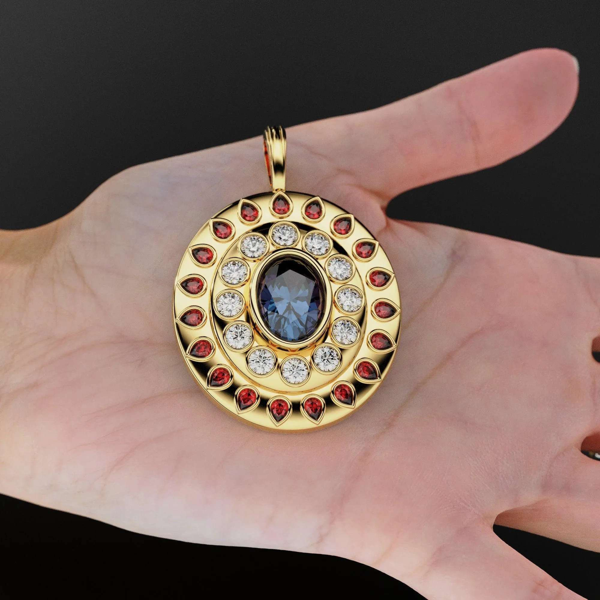 VERY BIG Alexandrite Diamond 18k Solid Gold Queen Pendant, Orange Sapphire Charm Gold Gemstone / Emerald Charm Luxury Solid Gold Pendant