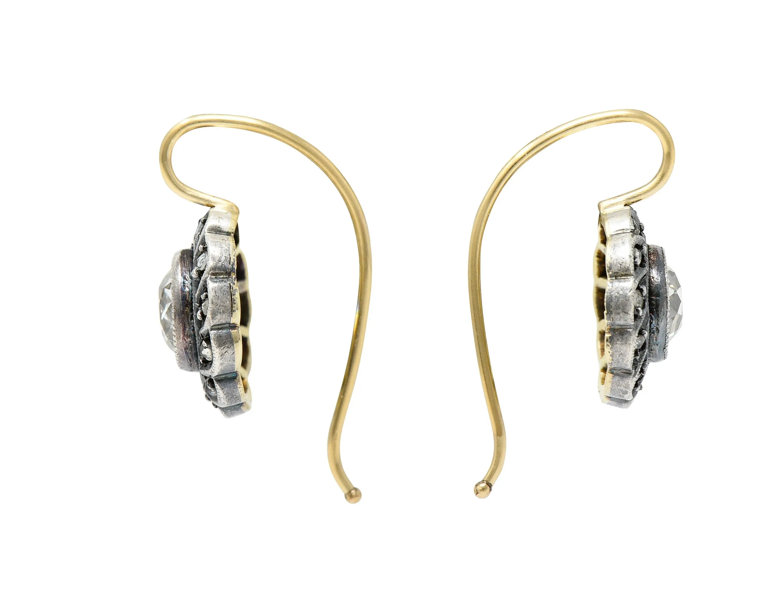 Victorian 1.60 CTW Diamond Silver-Topped 14 Karat Gold Cluster Drop Earrings