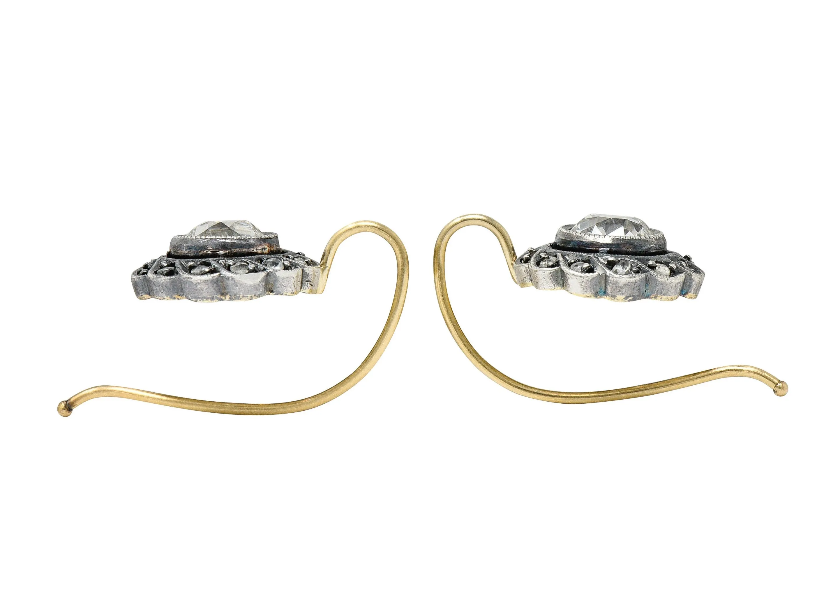 Victorian 1.60 CTW Diamond Silver-Topped 14 Karat Gold Cluster Drop Earrings