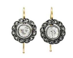 Victorian 1.60 CTW Diamond Silver-Topped 14 Karat Gold Cluster Drop Earrings