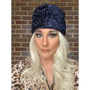 Vintage Crocheted Cellophane Straw Hat Toque Pillbox Navy Blue Italy O/S 1960s Womens