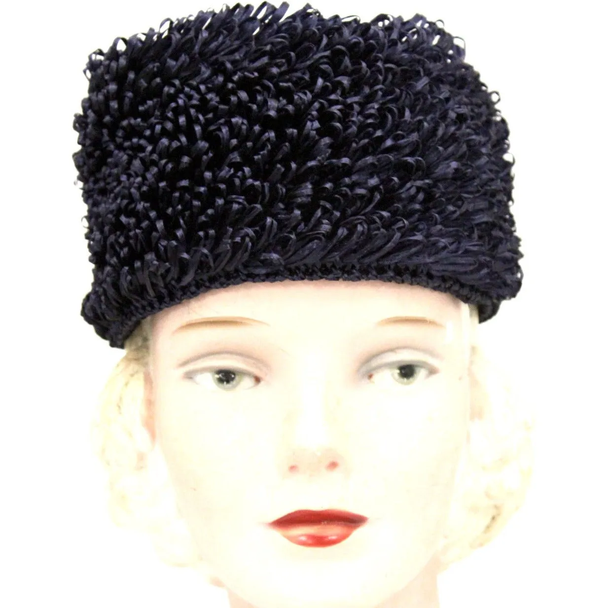 Vintage Crocheted Cellophane Straw Hat Toque Pillbox Navy Blue Italy O/S 1960s Womens