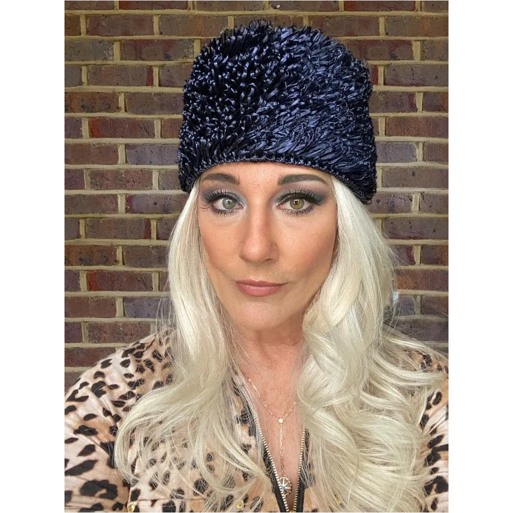 Vintage Crocheted Cellophane Straw Hat Toque Pillbox Navy Blue Italy O/S 1960s Womens