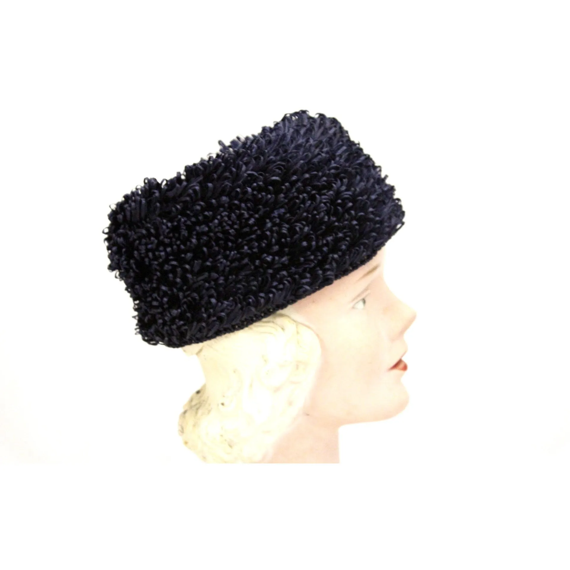 Vintage Crocheted Cellophane Straw Hat Toque Pillbox Navy Blue Italy O/S 1960s Womens