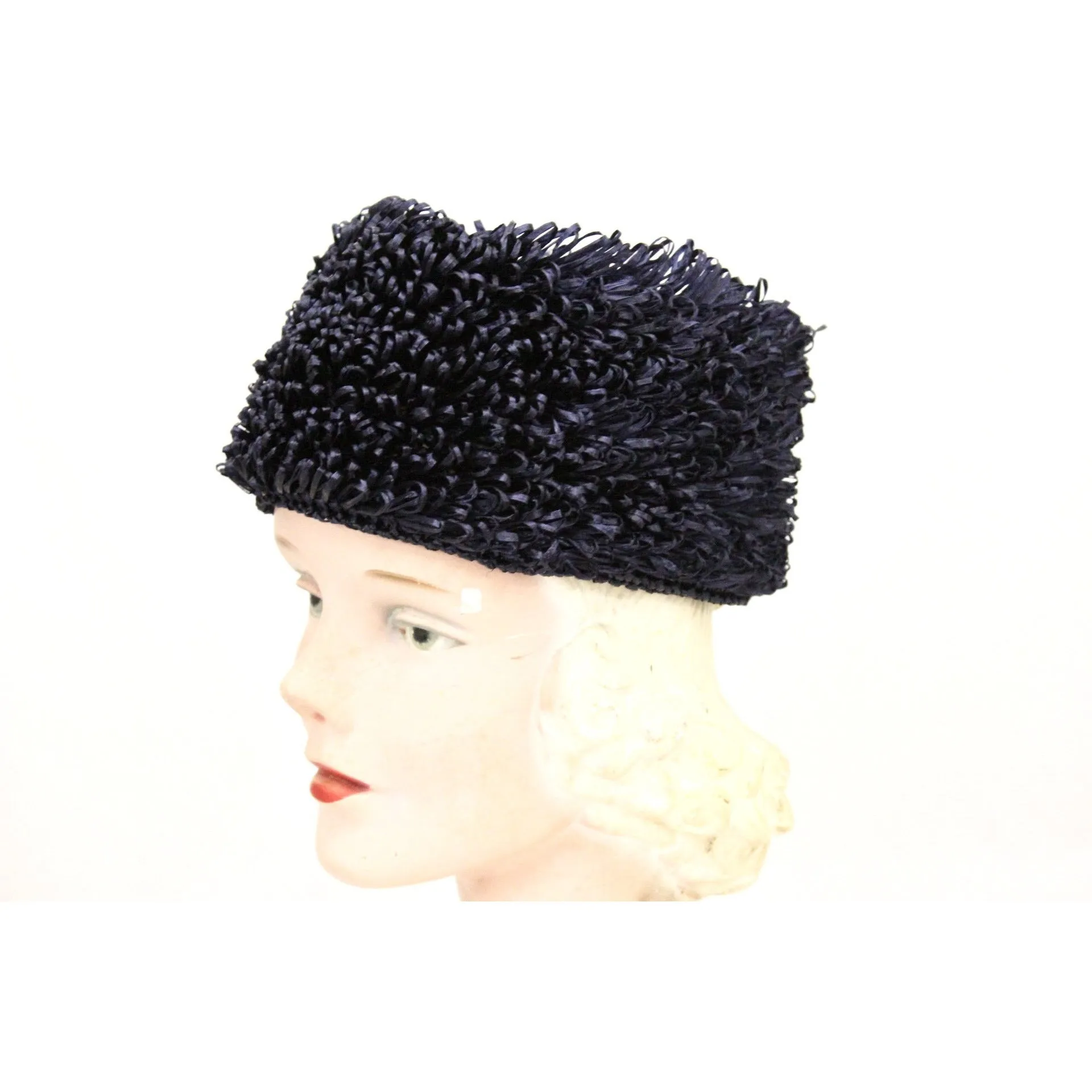 Vintage Crocheted Cellophane Straw Hat Toque Pillbox Navy Blue Italy O/S 1960s Womens