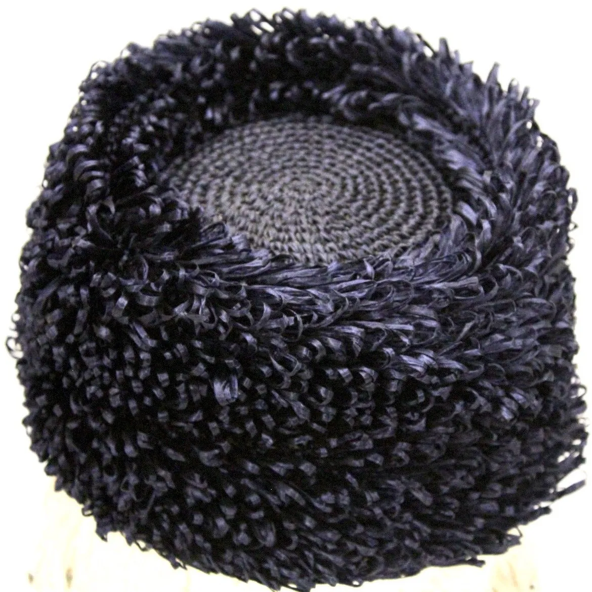 Vintage Crocheted Cellophane Straw Hat Toque Pillbox Navy Blue Italy O/S 1960s Womens