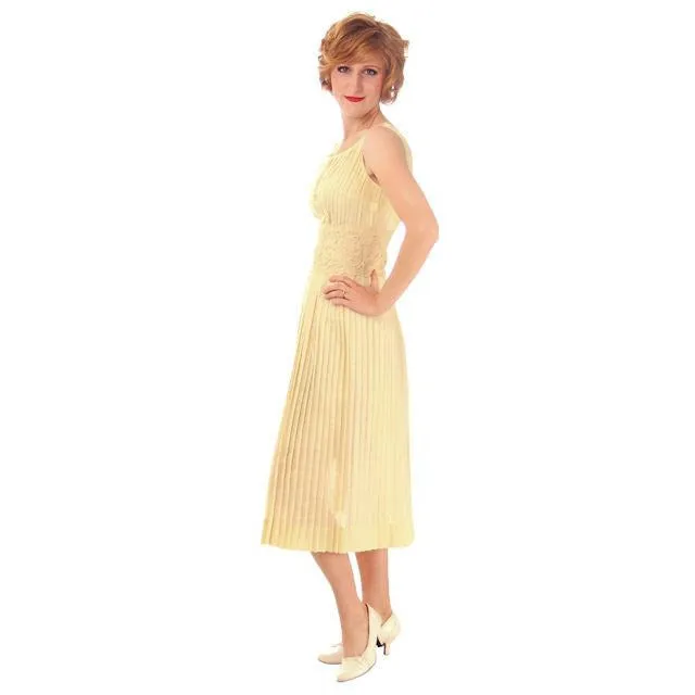 Vintage Day Dress Pale Yellow Crystal Pleated 1950s Small