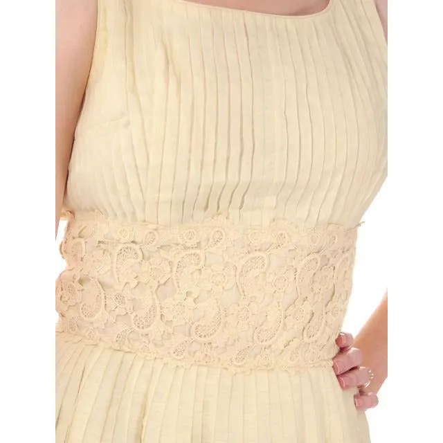 Vintage Day Dress Pale Yellow Crystal Pleated 1950s Small