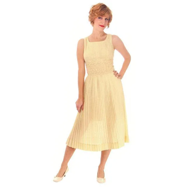 Vintage Day Dress Pale Yellow Crystal Pleated 1950s Small