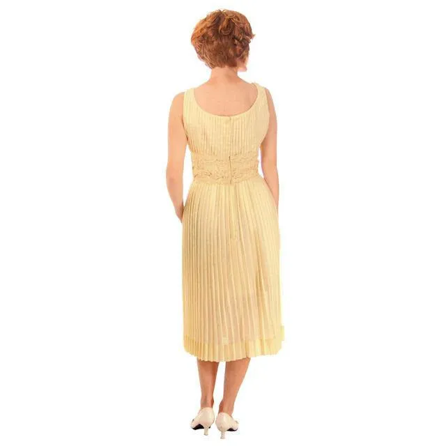 Vintage Day Dress Pale Yellow Crystal Pleated 1950s Small