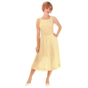 Vintage Day Dress Pale Yellow Crystal Pleated 1950s Small