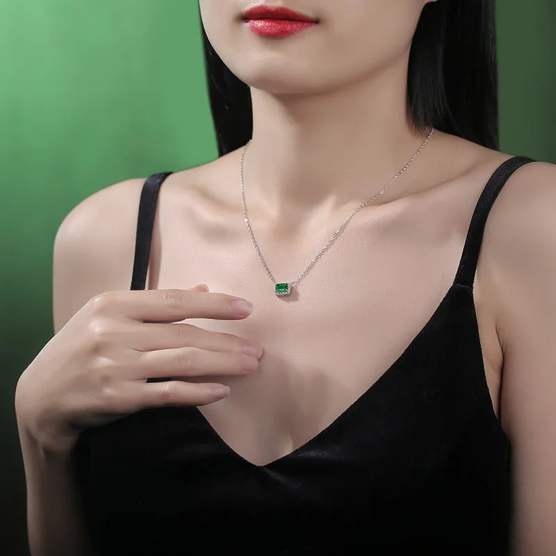 Vintage Emerald Cut Gemstone Halo Emerald Necklace