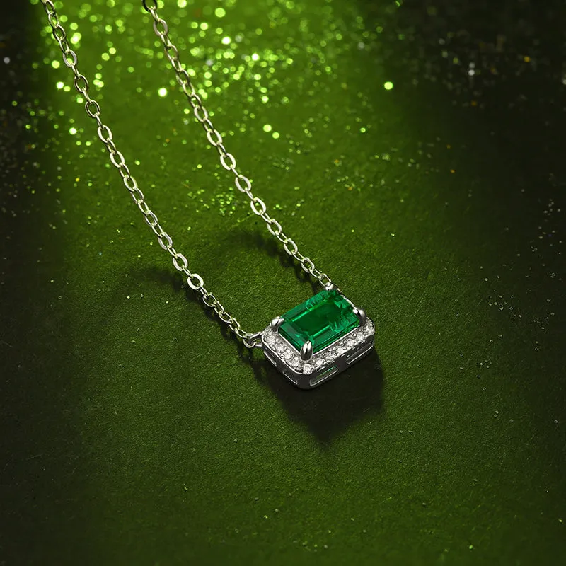 Vintage Emerald Cut Gemstone Halo Emerald Necklace