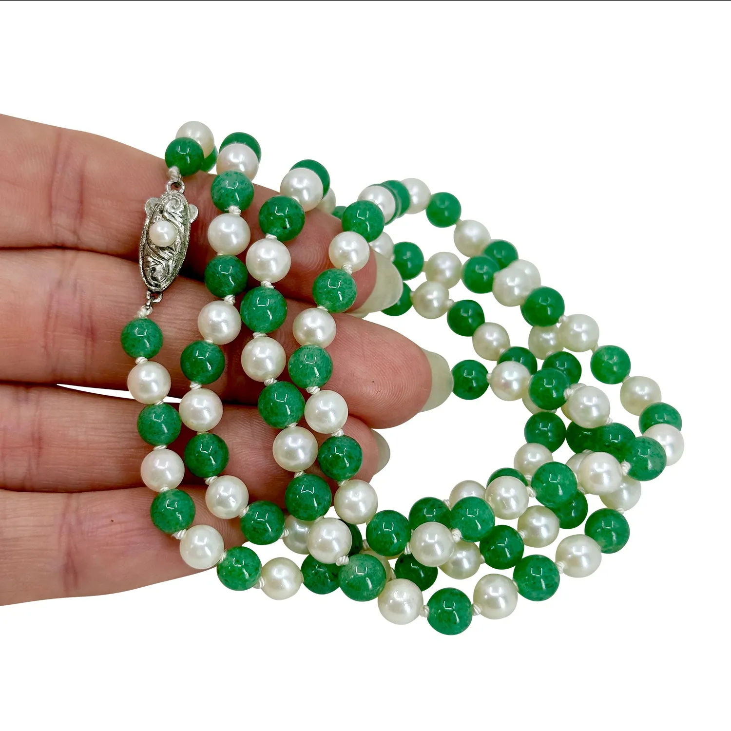 Vintage Green Aventurine Japanese Saltwater Akoya Cultured Pearl Opera Necklace- Sterling Silver 32 Inch