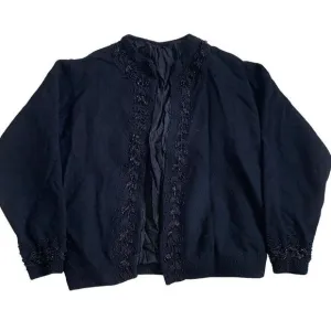 Vintage GUC Cashmere Sweater Silk Lined Glass Beaded Fancy Grannycore Black XS