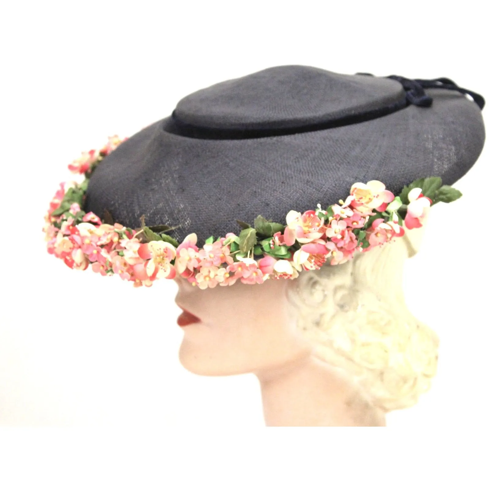 Vintage Navy Blue Straw Saucer Hat Wide Brim Flowers  1950s Church Womens Marvelous Maisel