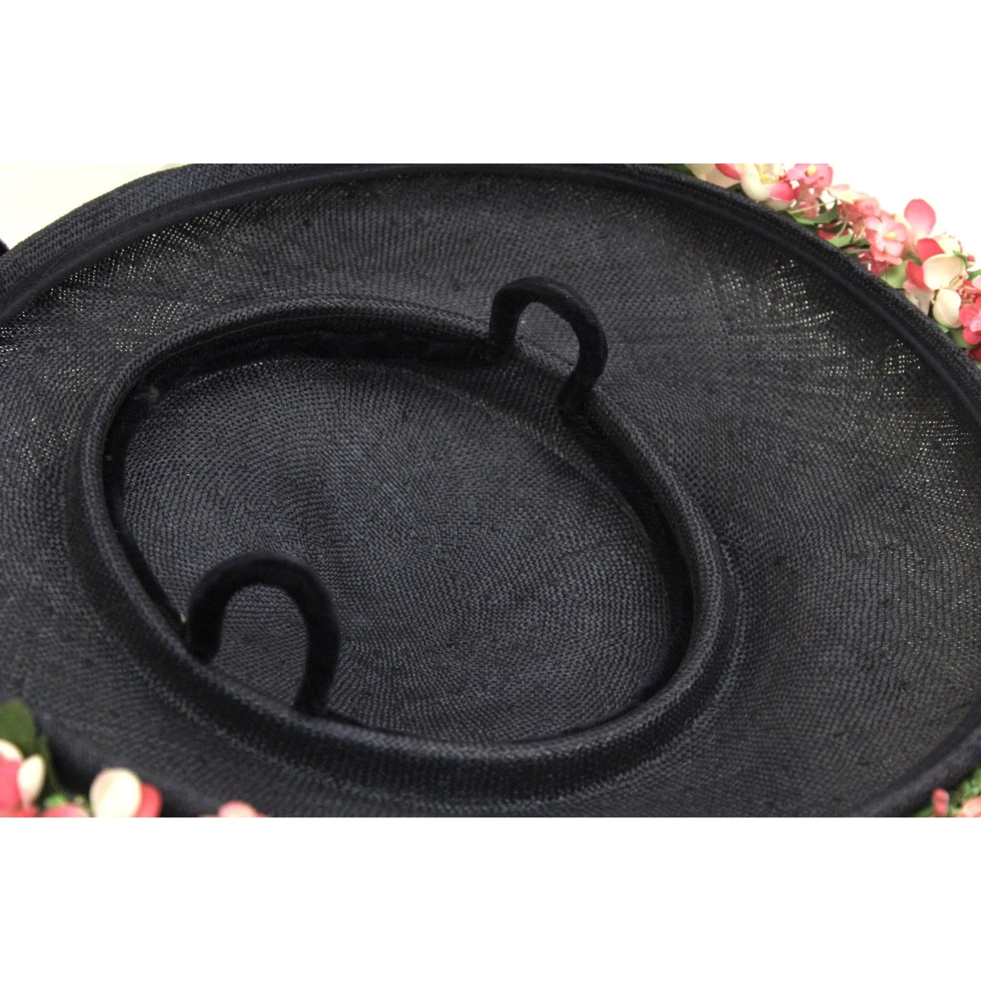 Vintage Navy Blue Straw Saucer Hat Wide Brim Flowers  1950s Church Womens Marvelous Maisel