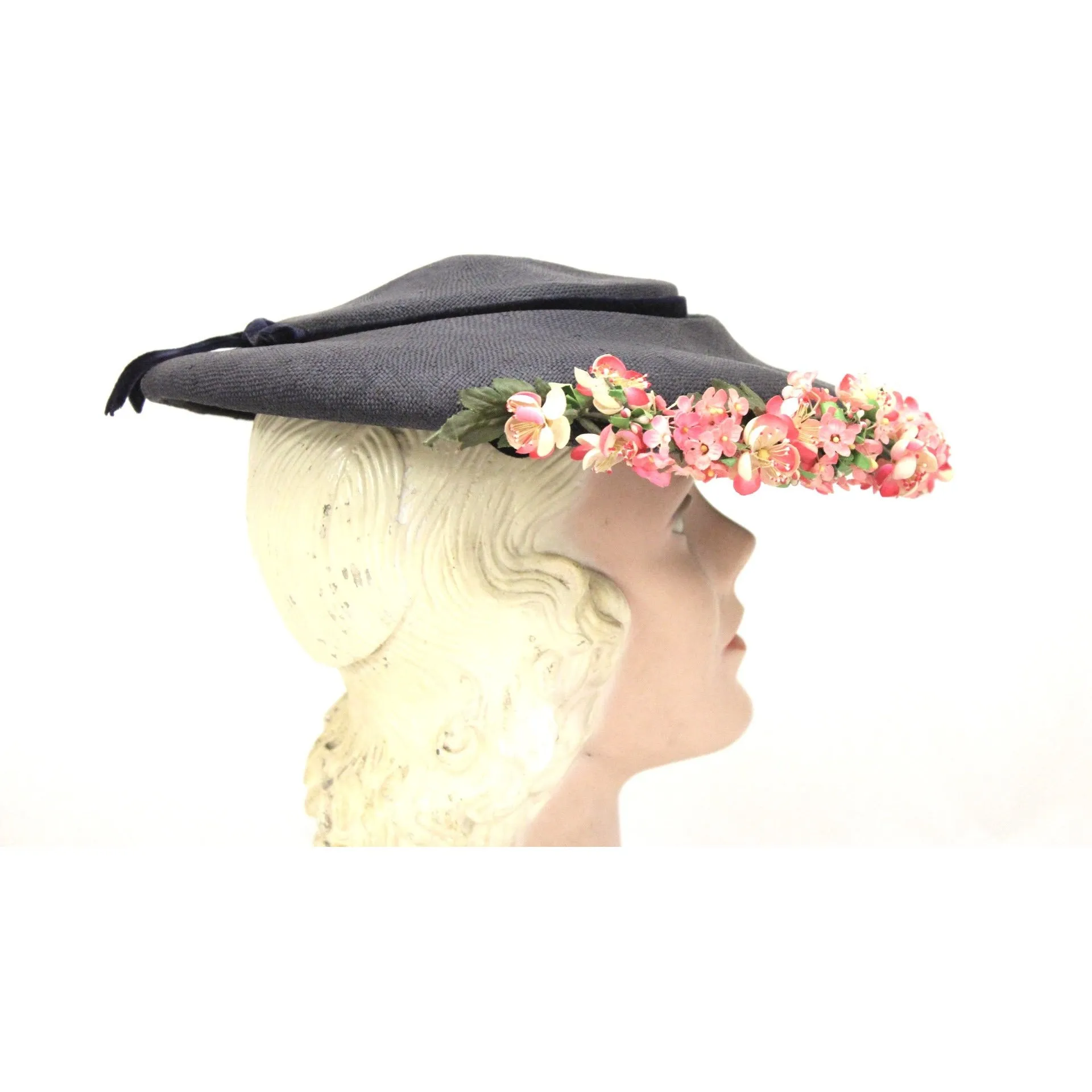 Vintage Navy Blue Straw Saucer Hat Wide Brim Flowers  1950s Church Womens Marvelous Maisel
