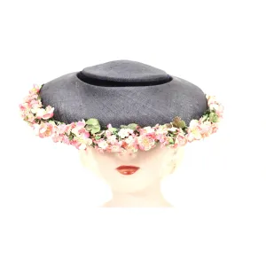 Vintage Navy Blue Straw Saucer Hat Wide Brim Flowers  1950s Church Womens Marvelous Maisel