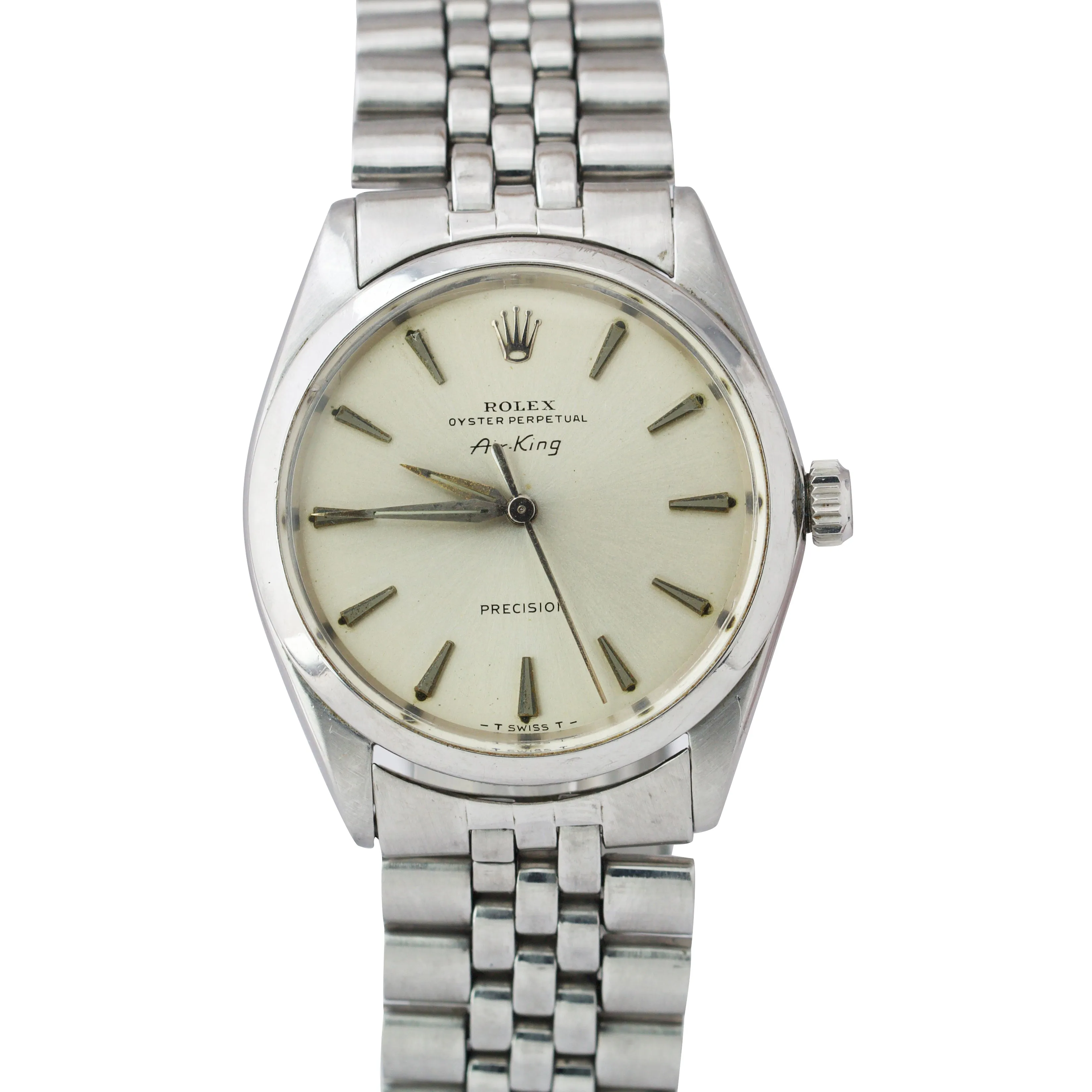Vintage Rolex Air King Silver Patina Stainless 34mm Jubilee Automatic Watch 5500