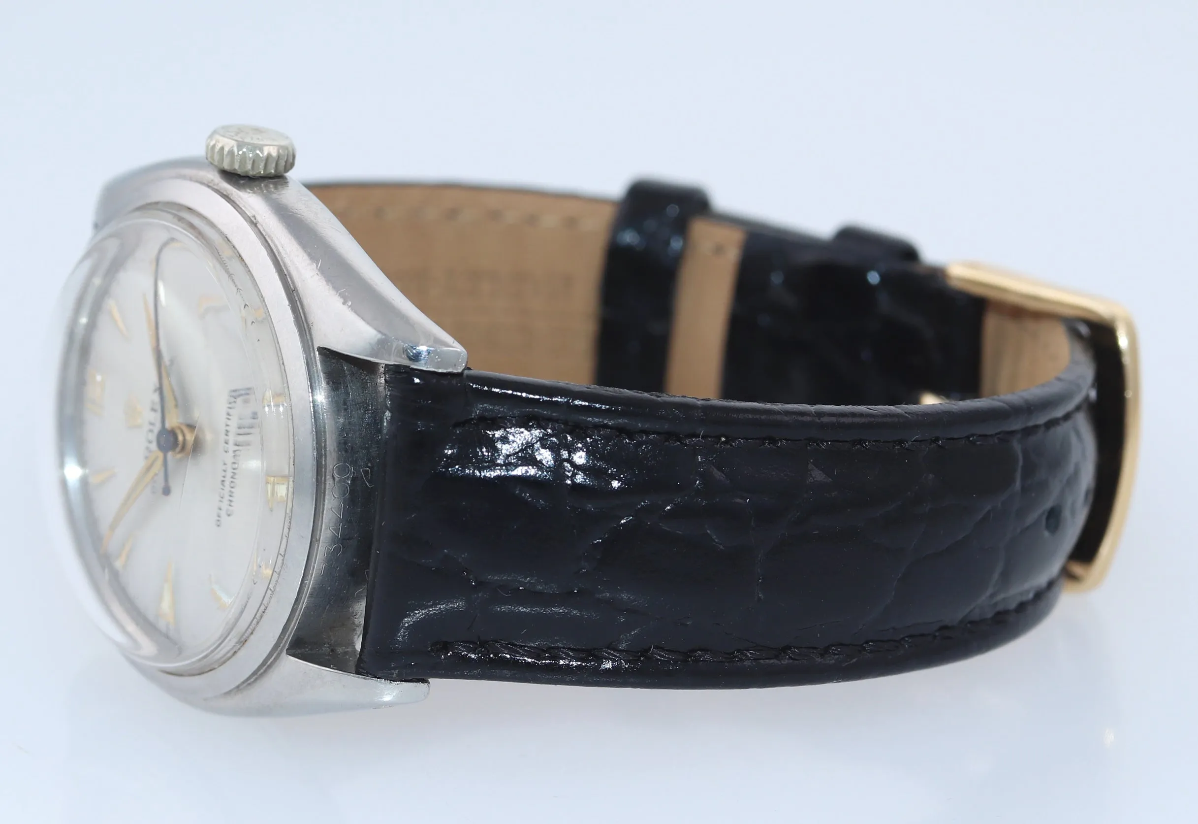 VTG Rolex Oyster Perpetual Steel Semi Bubbleback 6084 34mm Silver Dial Watch
