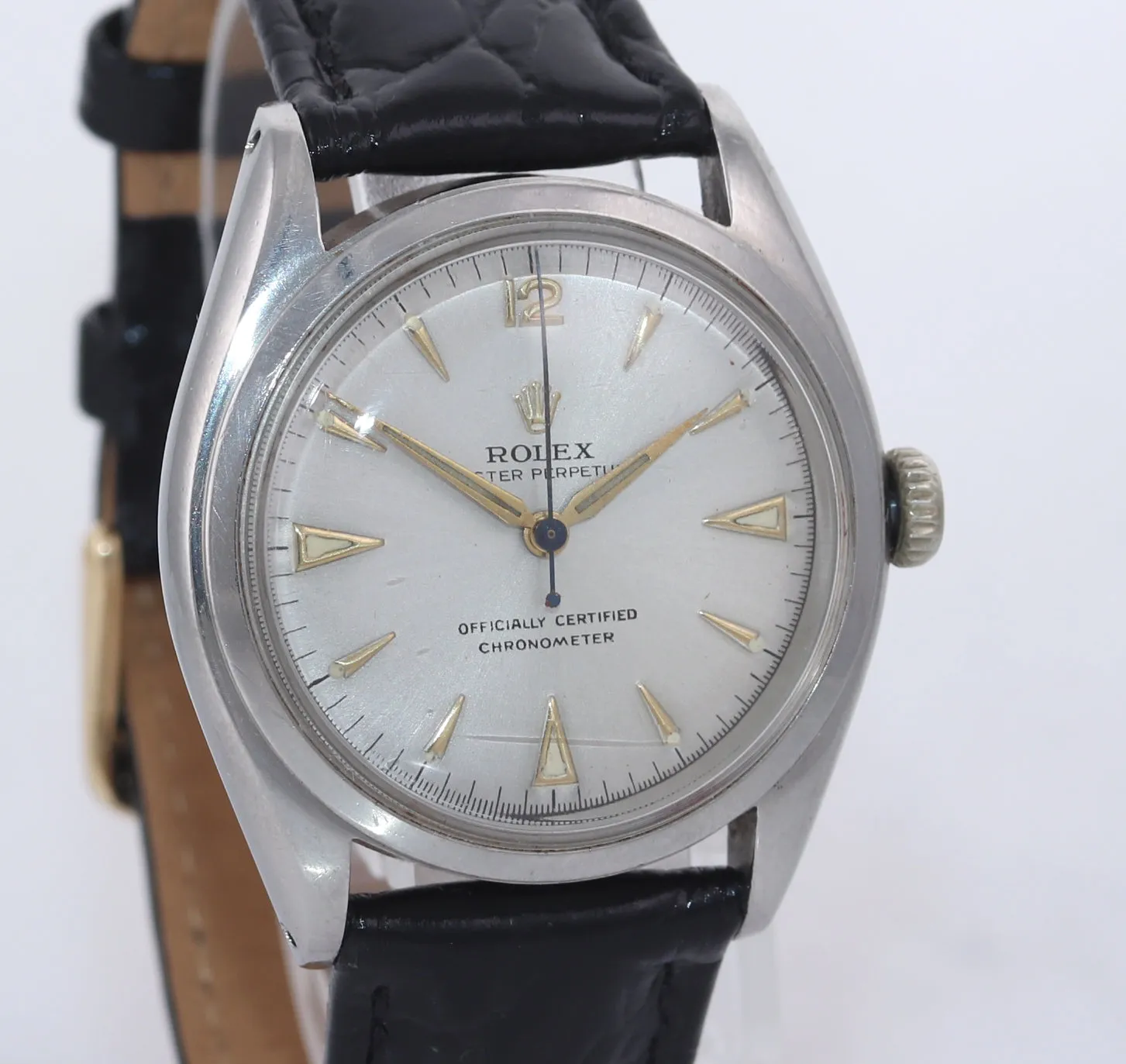 VTG Rolex Oyster Perpetual Steel Semi Bubbleback 6084 34mm Silver Dial Watch
