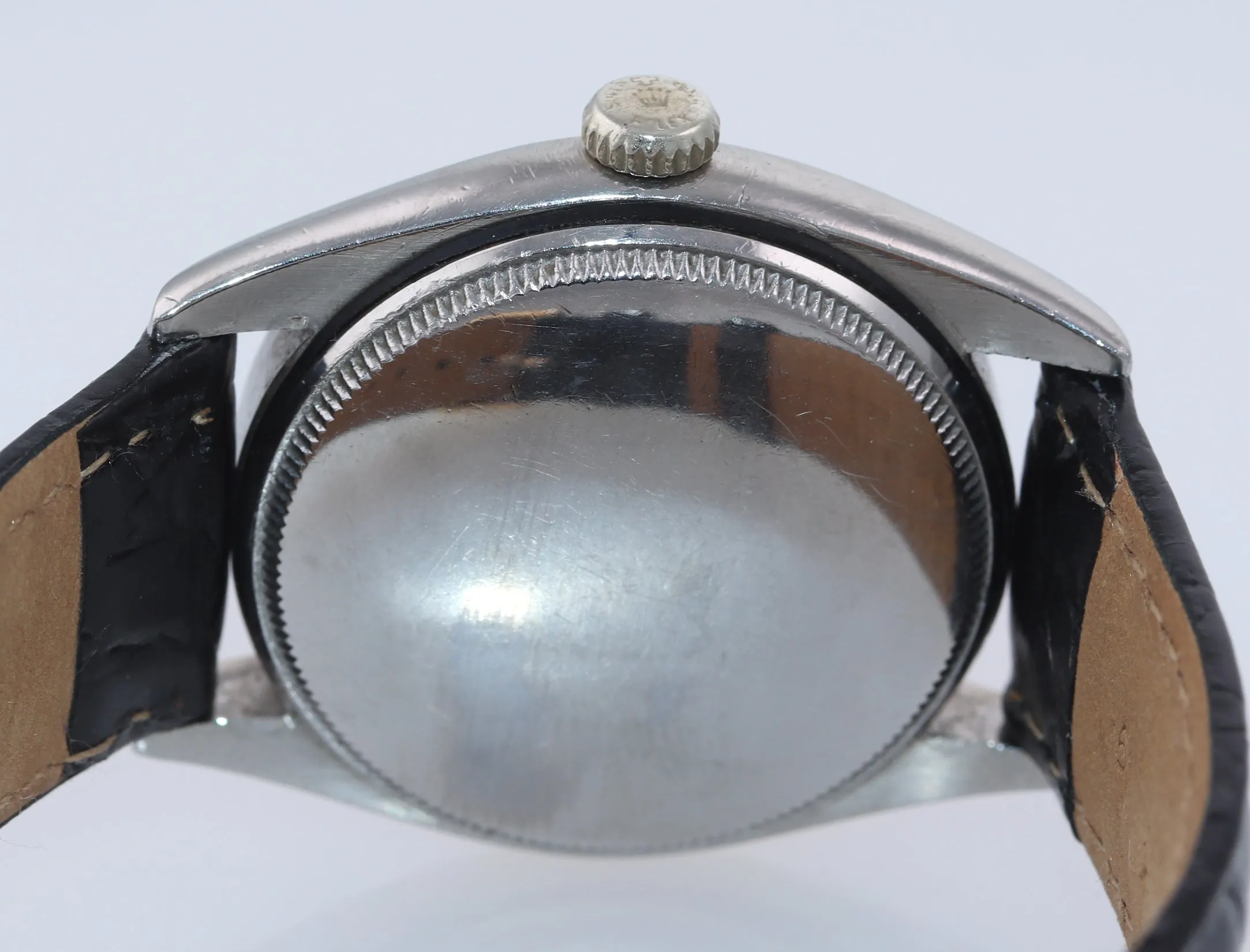 VTG Rolex Oyster Perpetual Steel Semi Bubbleback 6084 34mm Silver Dial Watch