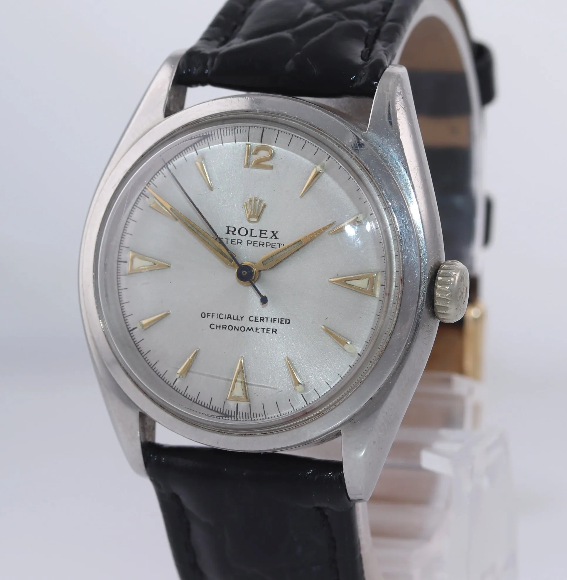 VTG Rolex Oyster Perpetual Steel Semi Bubbleback 6084 34mm Silver Dial Watch